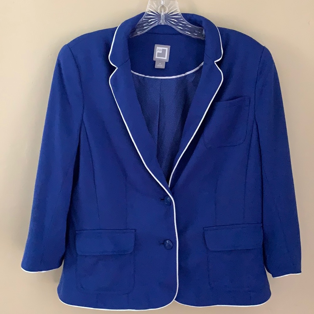 JCP Blazer Blue White Ponte Knit Nautical Blazer Single Breasted Piping Medium